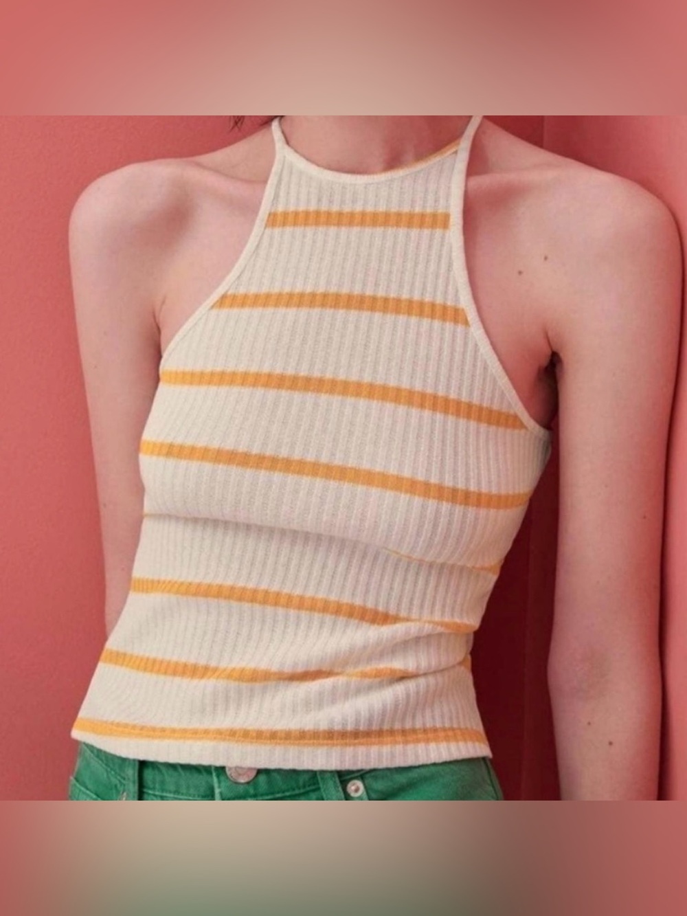 Zara Knit White Orange Stripe Ribbed Halter Top Size Medium